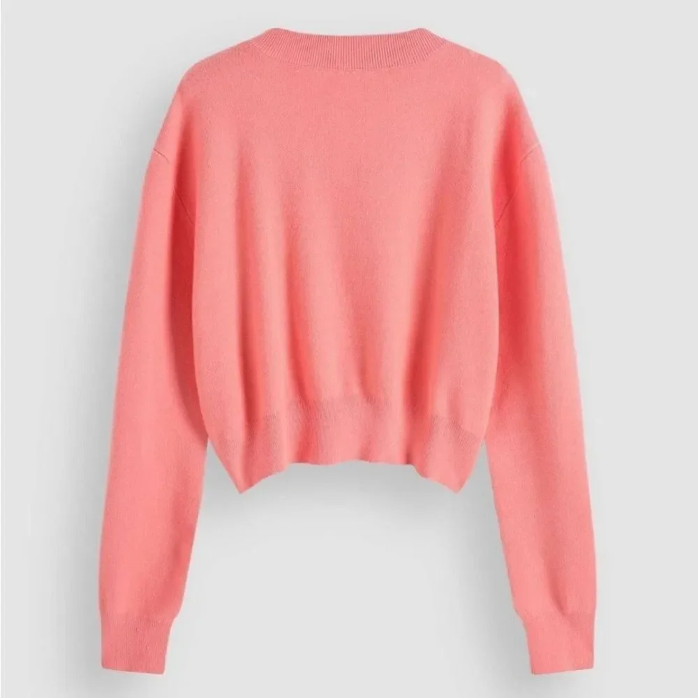 Cider Coral Pink Raised Red Squiggle Wave Cropped Trendy Pullover Knit Sweater